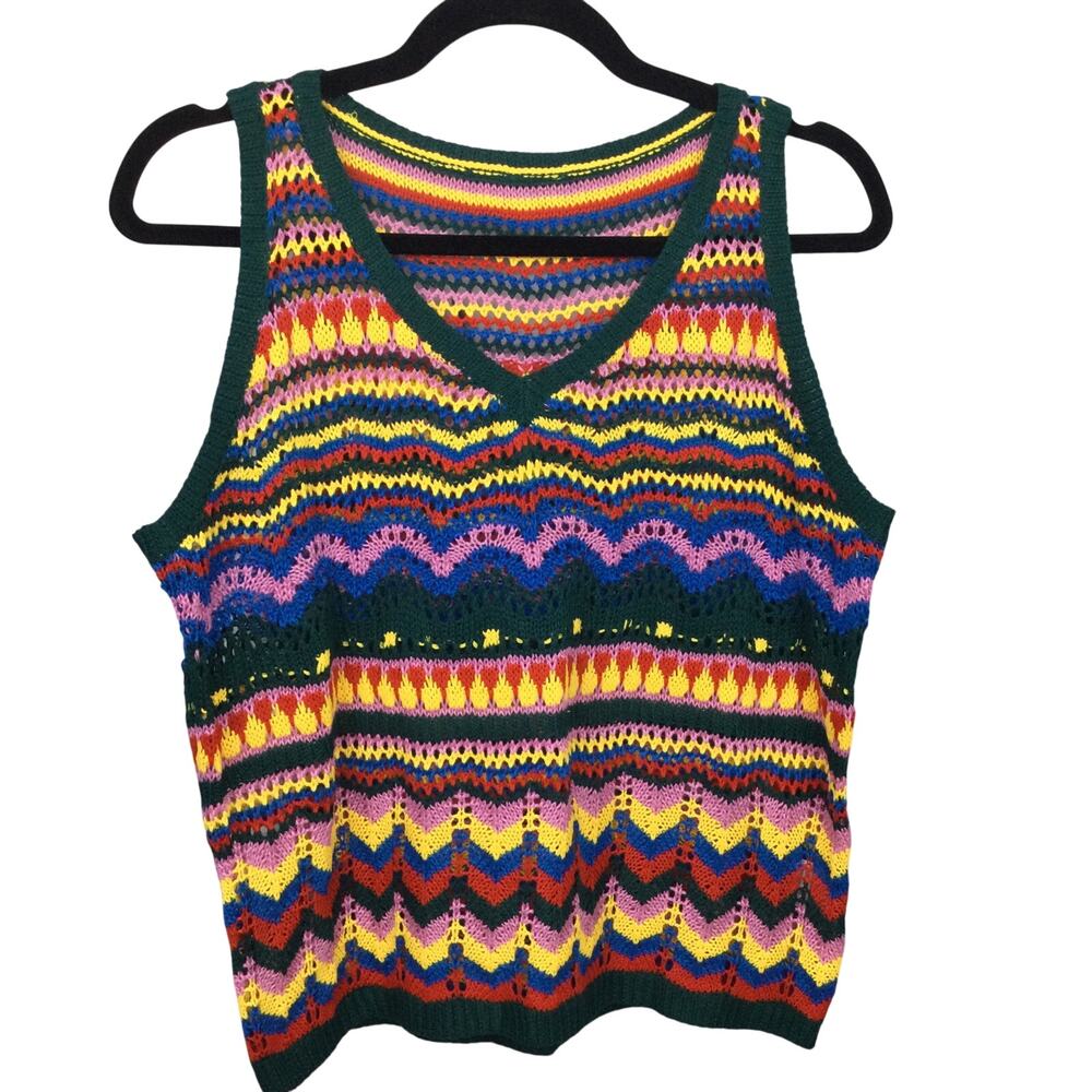 Rainbowcore Grannycore Indie Sleaze Chevron Crochet Open Knit V-neck Vest M